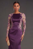 Long Sleeves Floral Appliqued Dark Purple Mermaid Satin Long Formal Dress