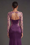 Long Sleeves Floral Appliqued Dark Purple Mermaid Satin Long Formal Dress