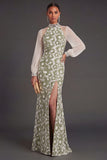 Sheath Green Floral High Neck Long Wedding Guest Dress with Slit