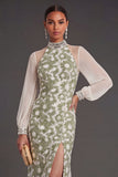 Sheath Green Floral High Neck Long Wedding Guest Dress with Slit