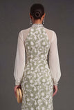 Sheath Green Floral High Neck Long Wedding Guest Dress with Slit