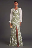V Neck Mermaid Green Floral Long Wedding Guest Dress with Slit