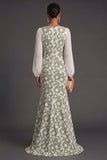 V Neck Mermaid Green Floral Long Wedding Guest Dress with Slit