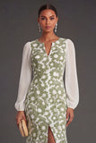 V Neck Mermaid Green Floral Long Wedding Guest Dress with Slit