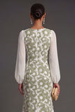 V Neck Mermaid Green Floral Long Wedding Guest Dress with Slit