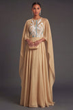 A Line Halter Neck Sleeveless Champagne Long Formal Dress with Cape