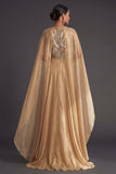 A Line Halter Neck Sleeveless Champagne Long Formal Dress with Cape