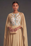 A Line Halter Neck Sleeveless Champagne Long Formal Dress with Cape