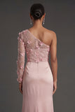 Dusty Rose Floral Sheath Ruched One Shoulder Long Formal Dress with Slit