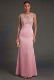 Sheath Pink Floral Appliqued Illusion Neck Long Formal Dress