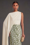 Sheath Green Floral Long Formal Dress with Cape