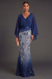 Navy Floral A Line Sparkly V Neck Long Formal Dress