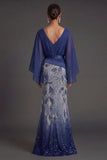 Navy Floral A Line Sparkly V Neck Long Formal Dress