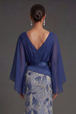 Navy Floral A Line Sparkly V Neck Long Formal Dress