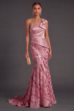 One Shoulder Sparkly Mermaid Ruched Pink Long Formal Dress