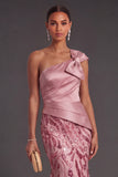 One Shoulder Sparkly Mermaid Ruched Pink Long Formal Dress