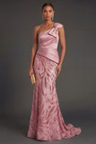 One Shoulder Sparkly Mermaid Ruched Pink Long Formal Dress