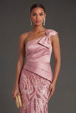 One Shoulder Sparkly Mermaid Ruched Pink Long Formal Dress