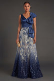 A Line Sparkly Beaded V Neck Navy Long Formal Dress