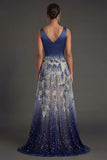 A Line Sparkly Beaded V Neck Navy Long Formal Dress
