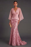 Pink Floral Mermaid Appliqued V Neck Long Formal Dress