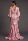 Pink Floral Mermaid Appliqued V Neck Long Formal Dress