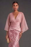 Pink Floral Mermaid Appliqued V Neck Long Formal Dress