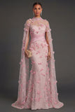 Pink Floral Sheath Illusion Neck Appliqued Long Formal Dress with Cape