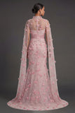 Pink Floral Sheath Illusion Neck Appliqued Long Formal Dress with Cape