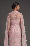 Pink Floral Sheath Illusion Neck Appliqued Long Formal Dress with Cape