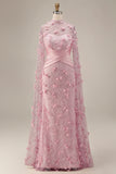 Pink Floral Sheath Illusion Neck Appliqued Long Formal Dress with Cape