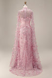 Pink Floral Sheath Illusion Neck Appliqued Long Formal Dress with Cape