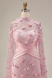 Pink Floral Sheath Illusion Neck Appliqued Long Formal Dress with Cape