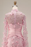 Pink Floral Sheath Illusion Neck Appliqued Long Formal Dress with Cape