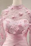 Pink Floral Sheath Illusion Neck Appliqued Long Formal Dress with Cape
