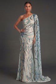 Sheath Light Blue Sparkly Sequined One Shoulder Long Formal Dress