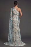 Sheath Light Blue Sparkly Sequined One Shoulder Long Formal Dress