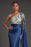Satin Mermaid Navy One Shoulder Sparkly Sequined Long Formal Dress