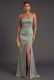 Light Green Satin Sheath Spaghetti Straps Long Formal Dress with Cape