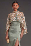 Light Green Satin Sheath Spaghetti Straps Long Formal Dress with Cape