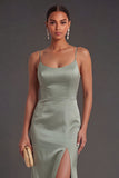 Light Green Satin Sheath Spaghetti Straps Long Formal Dress with Cape