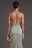 Light Green Satin Sheath Spaghetti Straps Long Formal Dress with Cape