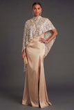 Satin Sheath Champagne Spaghetti Straps Long Formal Dress with Cape