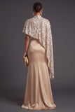 Satin Sheath Champagne Spaghetti Straps Long Formal Dress with Cape