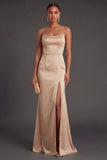 Satin Sheath Champagne Spaghetti Straps Long Formal Dress with Cape