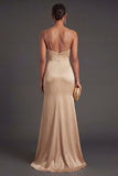 Satin Sheath Champagne Spaghetti Straps Long Formal Dress with Cape