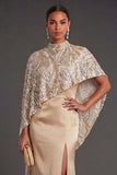 Satin Sheath Champagne Spaghetti Straps Long Formal Dress with Cape