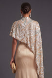 Satin Sheath Champagne Spaghetti Straps Long Formal Dress with Cape
