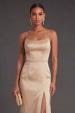 Satin Sheath Champagne Spaghetti Straps Long Formal Dress with Cape