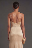 Satin Sheath Champagne Spaghetti Straps Long Formal Dress with Cape